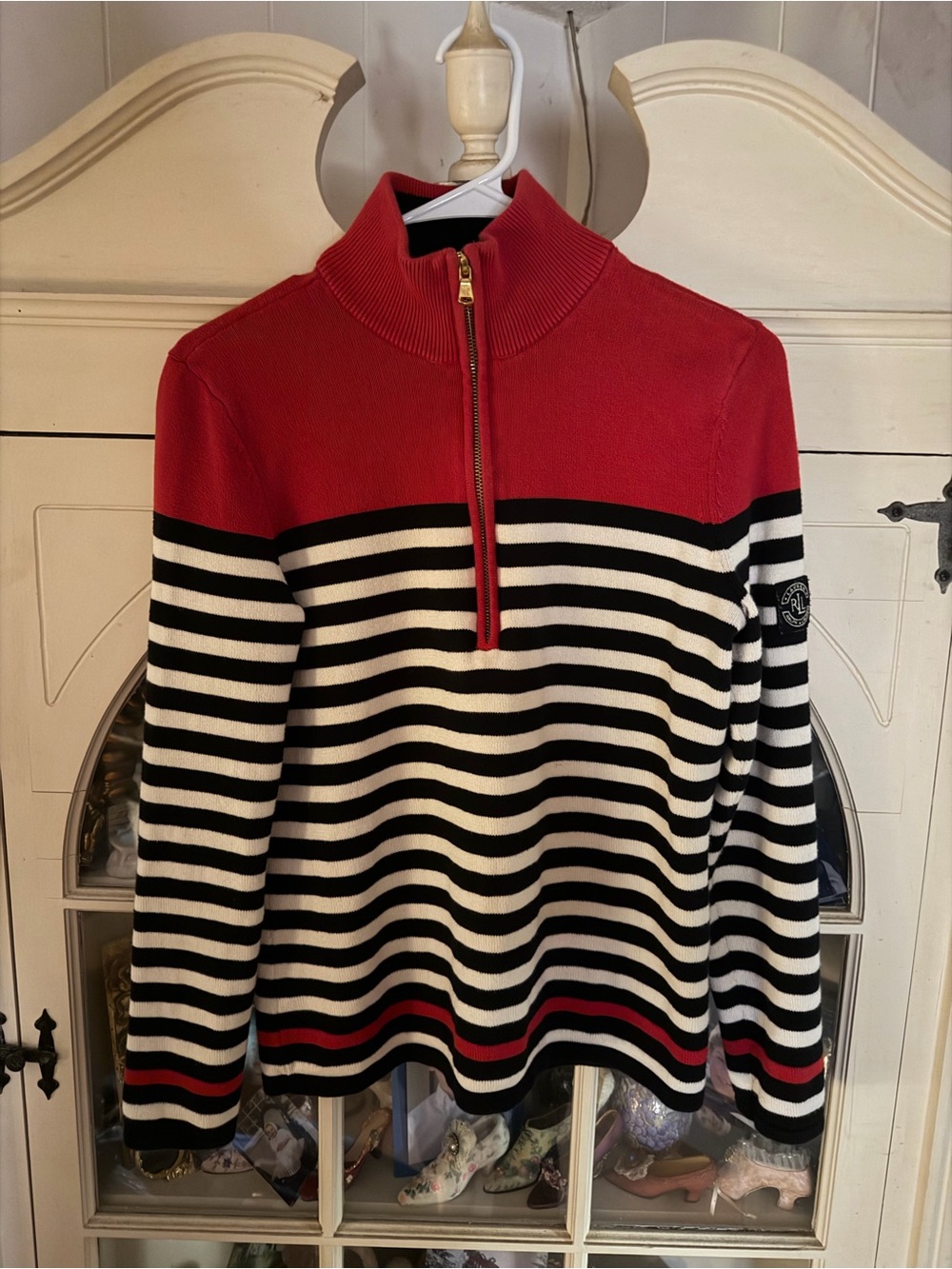 Ralph Lauren Red, Black & White Striped Zip-Up Sweater